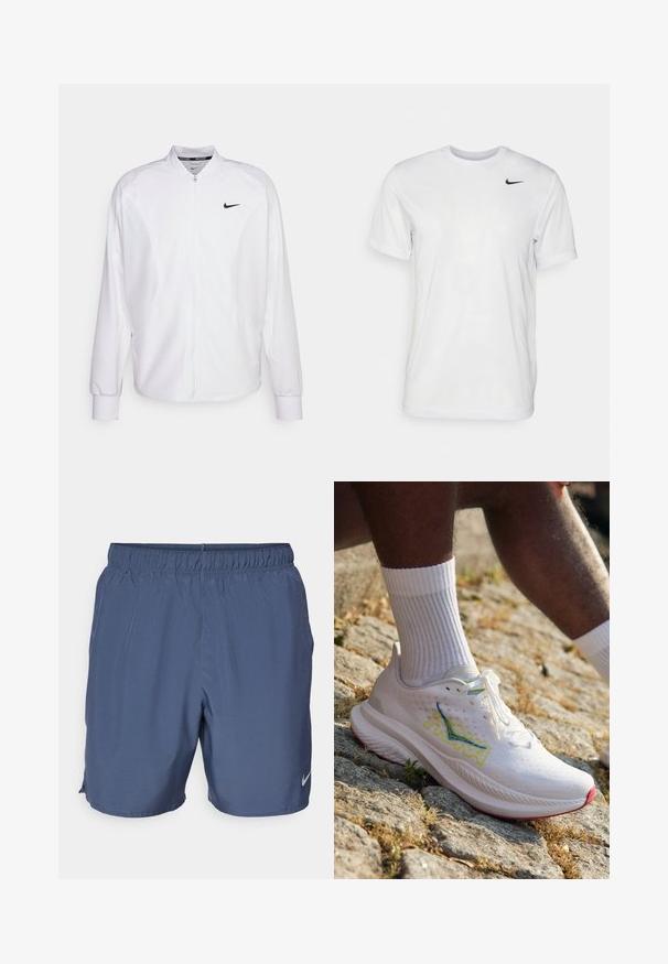 Witte zip-up sportjack gemaakt van gladde stof. Beschikt over een opstaande kraag, lange mouwen en een klein zwart Nike-logo op de borst.; Witte korte mouwen t-shirt gemaakt van gladde stof. Voorzien van een ronde hals en een klein zwart Nike-logo op de linkerborst.; Grijze Nike shorts hebben een elastische tailleband, lichtgewicht materiaal en zijsplits voor bewegingsvrijheid, met een klein logo op het onderste rechterbeen.; HOKA MACH 6 - Hardloopschoenen voor op de weg - white/nimbus cloud