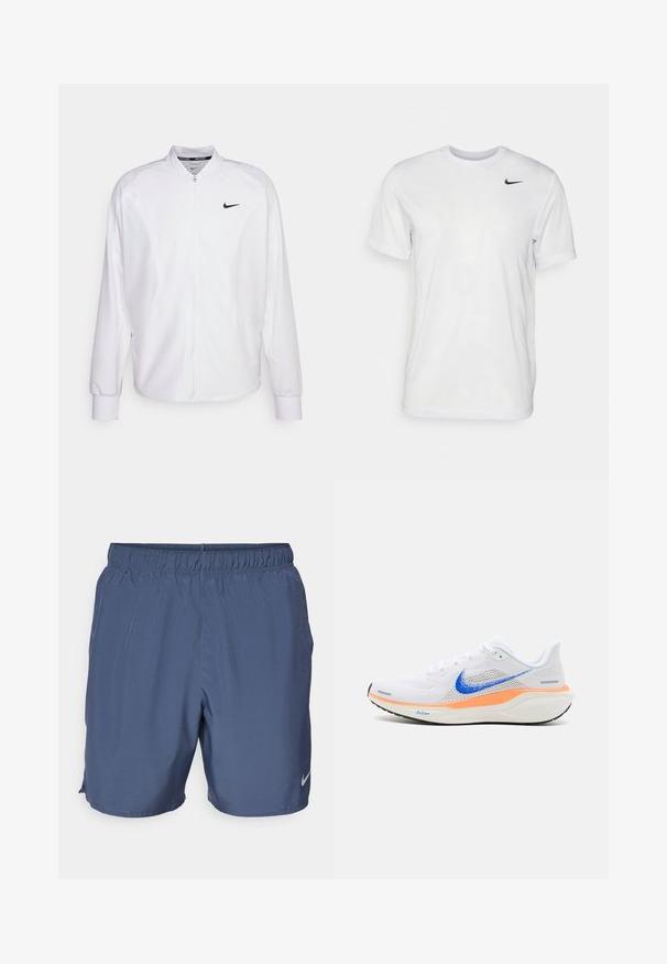 White zip-up athletic jacket made of smooth fabric. Features a stand collar, long sleeves, and a small black Nike logo on the chest.; White short-sleeve t-shirt made of smooth fabric. Features a round neck and a small black Nike logo on the left chest.; GrayNike shorts feature an elastic waistband, lightweight material, and side slits for mobility, with a small logo on the lower right leg.; White athletic shoe with a mesh upper, blue logo, orange midsole accent, and black rubber sole, featuring a rounded toe and lace closure.