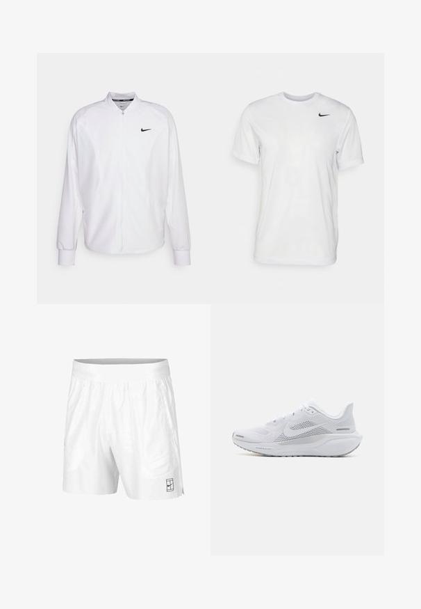 Witte zip-up sportjack gemaakt van gladde stof. Beschikt over een opstaande kraag, lange mouwen en een klein zwart Nike-logo op de borst.; Witte korte mouwen t-shirt gemaakt van gladde stof. Voorzien van een ronde hals en een klein zwart Nike-logo op de linkerborst.; Witte sportshorts gemaakt van lichtgewicht stof met een elastische tailleband, voorzien van twee zijzakken en een klein zwart logo op de zoom.; Witte sportieve schoen met een mesh bovenwerk, gladde textuur overlays, grijze accenten, veters en een gevoerde zool ontworpen voor prestaties.
