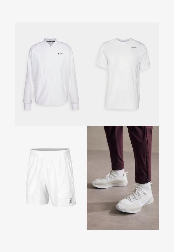 Weißer, kurzer Sportjacke mit glatter Oberfläche. Sie hat einen Stehkragen, lange Ärmel und ein kleines schwarzes Nike-Logo auf der Brust.; Weißes T-Shirt mit kurzen Ärmeln aus glattem Stoff. Verfügt über einen runden Halsauschnitt und ein kleines schwarzes Nike-Logo auf der linken Brust.; Weiße Sportshorts aus leichtem Gewebe mit einem elastischen Bund, ausgestattet mit zwei Seitentaschen und einem kleinen schwarzen Logo am Saum.; Weiße Sportschuhe mit strukturierter Oberfläche, ausgestattet mit grauen Akzenten, flachen Schnürsenkeln und dem Nike-Logo, kombiniert mit bordeauxroten Sporthosen und weißen Socken.