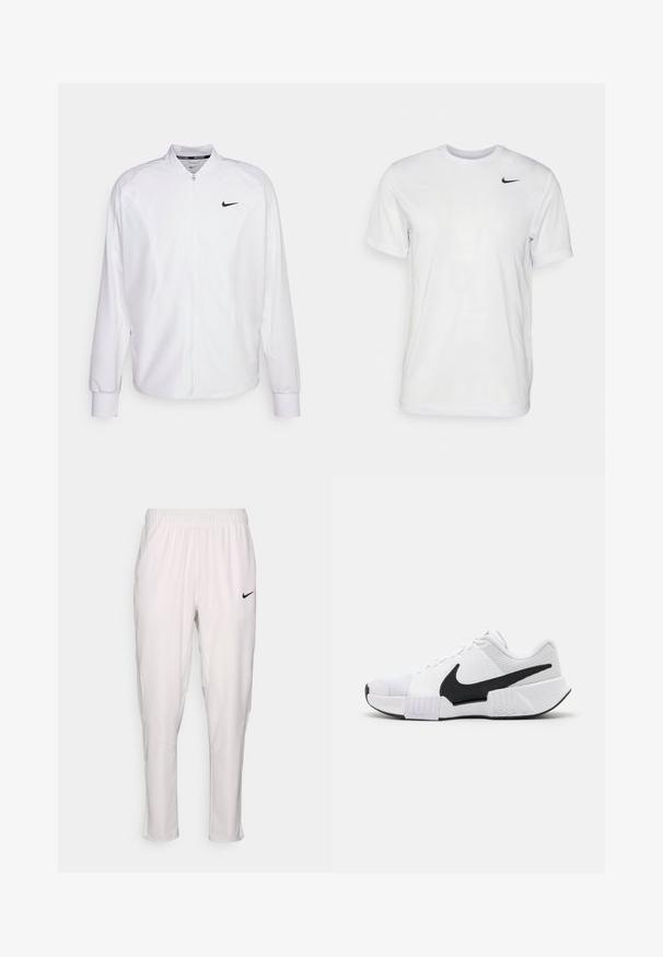 Weißer, kurzer Sportjacke mit glatter Oberfläche. Sie hat einen Stehkragen, lange Ärmel und ein kleines schwarzes Nike-Logo auf der Brust.; Weißes T-Shirt mit kurzen Ärmeln aus glattem Stoff. Verfügt über einen runden Halsauschnitt und ein kleines schwarzes Nike-Logo auf der linken Brust.; Weiße Sporthose mit elastischem Bund. Sie hat eine schmale Passform, eine glatte Textur und ein kleines schwarzes Nike-Logo auf der Vorderseite.; Weiße Sportschuhe mit schwarzen Akzenten. Texturierte Mesh-Einsätze, gepolsterter Schaft und Gummisohle. Hervorstechendes schwarzes Swoosh-Logo.