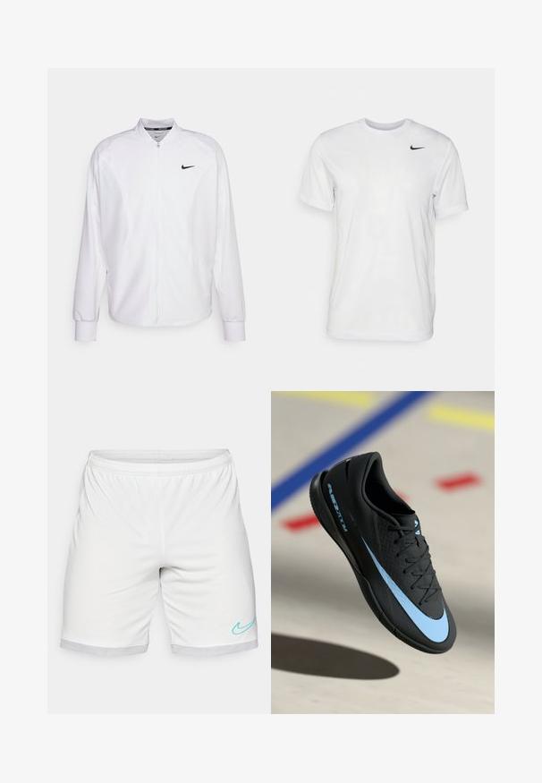 Weißer, kurzer Sportjacke mit glatter Oberfläche. Sie hat einen Stehkragen, lange Ärmel und ein kleines schwarzes Nike-Logo auf der Brust.; Weißes T-Shirt mit kurzen Ärmeln aus glattem Stoff. Verfügt über einen runden Halsauschnitt und ein kleines schwarzes Nike-Logo auf der linken Brust.; Weiße sportliche Shorts mit einem elastischen Bund, Netzbesatz und einem türkisen Nike Swoosh-Logo auf der unteren rechten Seite.; Schwarzer Sportschuh mit blauen Akzenten, strukturierter Oberfläche, Schnürdesign und markantem Nike-Logo. Gummisohle mit Grip-Mustern.