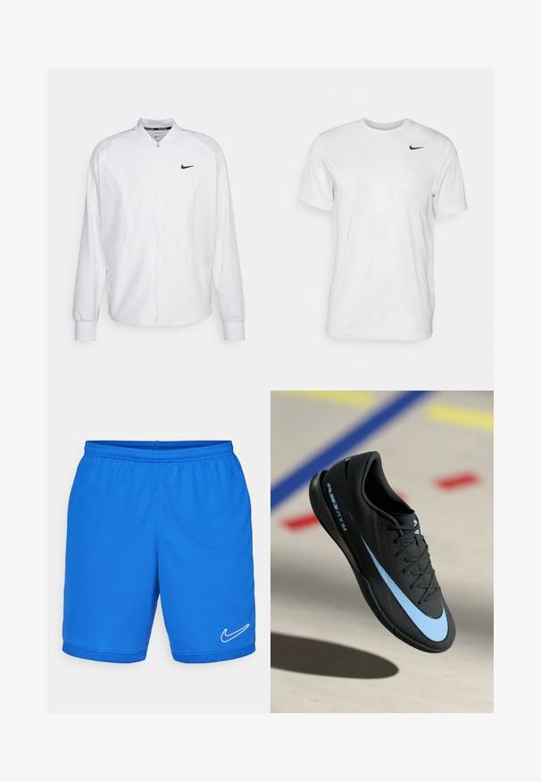 Witte zip-up sportjack gemaakt van gladde stof. Beschikt over een opstaande kraag, lange mouwen en een klein zwart Nike-logo op de borst.; Witte korte mouwen t-shirt gemaakt van gladde stof. Voorzien van een ronde hals en een klein zwart Nike-logo op de linkerborst.; Blauwe sportshorts met een elastische tailleband, gemaakt van gladde stof. Heeft een wit Nike-logo aan de onderkant rechts en gaasaccenten.; Zwarte sportschoen met blauwe accenten, gestructureerd oppervlak, vetersluiting en herkenbaar Nike-logo. Rubberen zool met grippatronen.