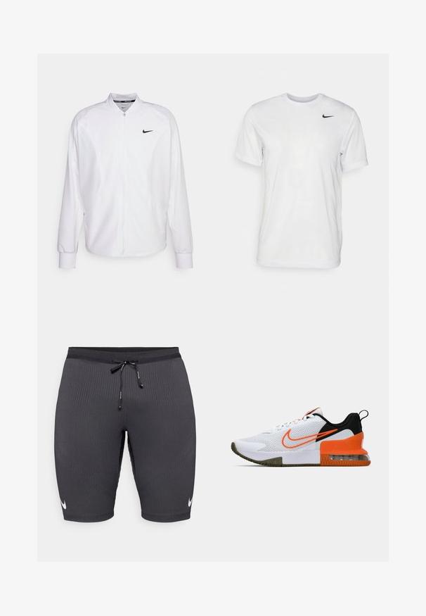 Bijela sportska jakna sa zipom izrađena od glatkog materijala. Ima stojeći ovratnik, duge rukave i mali crni Nike logo na prsima.; Bijela kratkotrajna majica s kratkim rukavima izrađena od glatkog materijala. Ima okrugli izrez i mali crni Nike logo na lijevoj strani prsnog koša.; Crne sportske kratke hlače od rebrastog materijala, s remenom za pričvršćivanje s uzicom i malim bijelim Nike logom s lijeve strane.; Bijela atletska cipela s teksturiranim mrežastim gornjim dijelom, crnim i narančastim naglascima, debelim gumastim potplatom i prozirnim zračnim jastučićem na peti.
