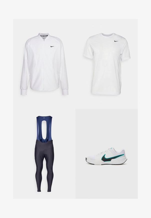 Giacca atletica bianca con zip realizzata in tessuto liscio. Presenta un colletto alto, maniche lunghe e un piccolo logo Nike nero sul petto.; T-shirt bianco a maniche corte in tessuto morbido. Presenta un collo rotondo e un piccolo logo Nike nero sul lato sinistro del petto.; Rapha MENS CORE WINTER WITH PAD - Leggings - dark navy/navy; Scarpa da ginnastica bianca con tomaia in rete testurizzata, suola in gomma nera e accento teal del logo Nike. Presenta lacci e colletto imbottito.