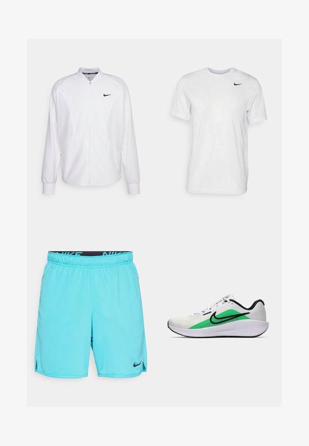 Weißer, kurzer Sportjacke mit glatter Oberfläche. Sie hat einen Stehkragen, lange Ärmel und ein kleines schwarzes Nike-Logo auf der Brust.; Weißes T-Shirt mit kurzen Ärmeln aus glattem Stoff. Verfügt über einen runden Halsauschnitt und ein kleines schwarzes Nike-Logo auf der linken Brust.; Türkisblaue Sportshorts, leichtes Material, elastischer Bund mit schwarzem "NIKE"-Logo, seitliche Schlitze am Saum für Beweglichkeit, einfaches Design.; Weißer Sportschuh mit grünem Akzent, schwarzem Logo, oberer Schicht aus Netzmaterial, gepolsterter Sohle und abgerundetem Absatz. Verfügt über Schnürsenkel und kontrastierende Details.