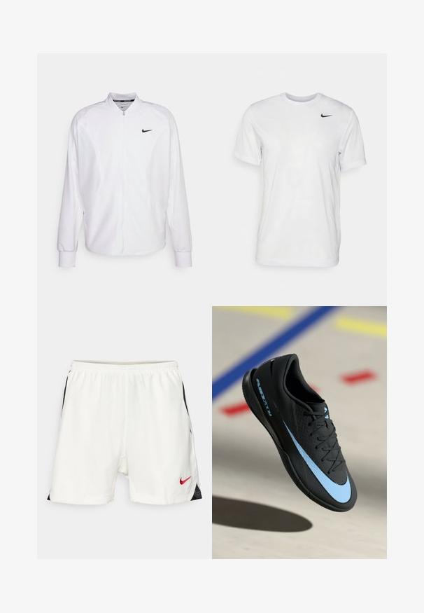 Weißer, kurzer Sportjacke mit glatter Oberfläche. Sie hat einen Stehkragen, lange Ärmel und ein kleines schwarzes Nike-Logo auf der Brust.; Weißes T-Shirt mit kurzen Ärmeln aus glattem Stoff. Verfügt über einen runden Halsauschnitt und ein kleines schwarzes Nike-Logo auf der linken Brust.; Weiße Sportshorts mit schwarzen Seitendetails, elastischem Bund und rotem Nike-Logo auf der unteren Vorderseite. Glattes, leichtes Material.; Schwarzer Sportschuh mit blauen Akzenten, strukturierter Oberfläche, Schnürdesign und markantem Nike-Logo. Gummisohle mit Grip-Mustern.