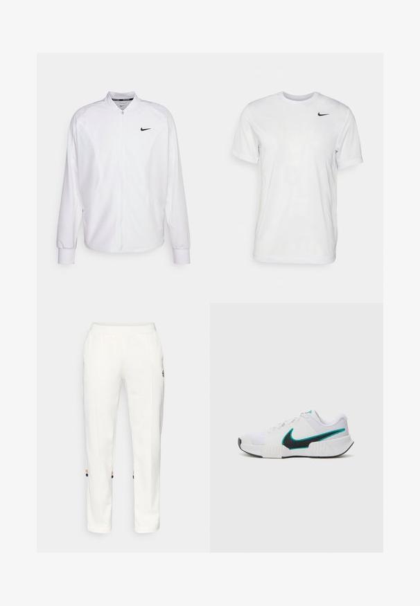 Weißer, kurzer Sportjacke mit glatter Oberfläche. Sie hat einen Stehkragen, lange Ärmel und ein kleines schwarzes Nike-Logo auf der Brust.; Weißes T-Shirt mit kurzen Ärmeln aus glattem Stoff. Verfügt über einen runden Halsauschnitt und ein kleines schwarzes Nike-Logo auf der linken Brust.; Weiße Jogginghosen aus weichem Material, mit Seitentaschen und farbigen Streifen am Knöchel in Orange und Blau.; Weißer Sportschuh mit strukturiertem Mesh-Obermaterial, schwarzer Gummisohle und türkisfarbenem Nike-Swoosh-Akzent. Verfügt über Schnürsenkel und gepolsterten Kragen.