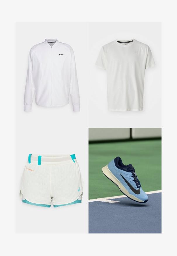 White zip-up athletic jacket made of smooth fabric. Features a stand collar, long sleeves, and a small black Nike logo on the chest.; ASICS GAME - Basic T-shirt - cream; Lightweight, mesh-lined shorts in white with turquoise accents. Features grid pattern, drawstring waist, and side slits for mobility.; Light blue athletic shoe with navy accents, textured mesh upper, and black Swoosh logo. Features a cushioned midsole and rubber outsole.
