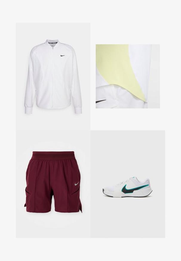 Veste de sport blanche zippée en tissu lisse. Caractéristiques : col montant, manches longues et petit logo Nike noir sur la poitrine.; T-shirt de sport à manches courtes présentant un corps blanc avec un panneau courbé texturé jaune clair, agrémenté d'un logo noir sur le bas à l'avant.; Shorts de sport bourgogne avec taille élastique, fentes sur les côtés et logo Nike réfléchissant sur la jambe droite.; Chaussure de sport blanche avec une tige en mesh texturé, semelle en caoutchouc noire et accent en teal sur le logo Nike. Équipée de lacets et d'un col rembourré.