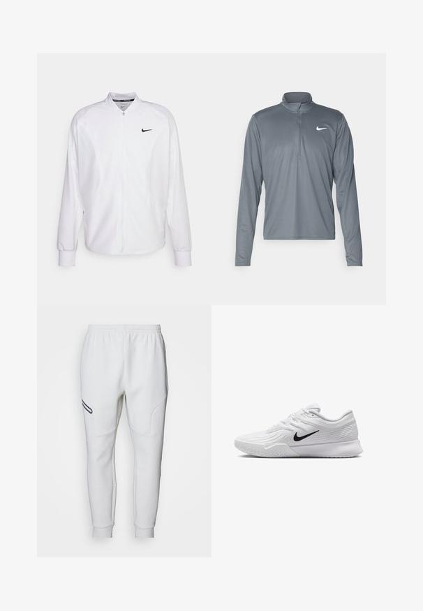 Witte zip-up sportjack gemaakt van gladde stof. Beschikt over een opstaande kraag, lange mouwen en een klein zwart Nike-logo op de borst.; Grijze Nike performance shirt met lange mouwen en een kwart-rits kraag. Gemaakt van een gladde, lichte stof, met een klein wit logo op de borst.; Witte joggingbroek met een zachte, gladde textuur. Beschikt over gebogen zijpanelen en een zwart accentstreep. Elastische tailleband voor een verstelbare pasvorm.; Witte sportieve schoen met textuur in het mesh bovenwerk, zwarte Nike swoosh, gevoerde kraag en rubberen zool met een profielpatroon.