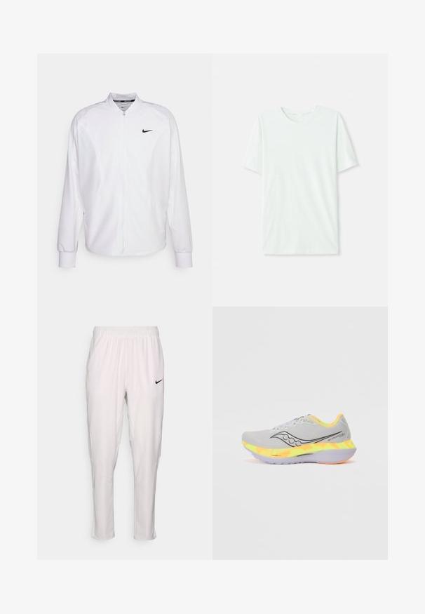 Witte zip-up sportjack gemaakt van gladde stof. Beschikt over een opstaande kraag, lange mouwen en een klein zwart Nike-logo op de borst.; Licht mintgroen T-shirt met korte mouwen, gemaakt van zachte stof. Het heeft een ronde halslijn en een simpele, rechte snit zonder versieringen.; Witte sportbroek met een elastische tailleband. Heeft een slim fit, gladde textuur en een klein zwart Nike-logo aan de voorkant.; Lichtgrijze hardloopschoen met een bovenwerk van gaas, zwart logo en kleurrijke gradient tussenzool in geel en oranje. Rubberen zool voor grip.