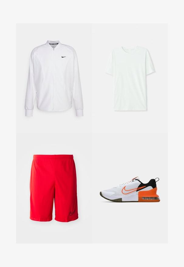 Witte zip-up sportjack gemaakt van gladde stof. Beschikt over een opstaande kraag, lange mouwen en een klein zwart Nike-logo op de borst.; Licht mintgroen T-shirt met korte mouwen, gemaakt van zachte stof. Het heeft een ronde halslijn en een simpele, rechte snit zonder versieringen.; Rode sportshorts gemaakt van lichtgewicht stof, met een zwart logo-accent, een elastische tailleband en zijsplitten voor verbeterde luchtstroom.; Witte sportieve schoen met een gestructureerde mesh bovenkant, zwarte en oranje accenten, een dikke rubberen zool en een doorzichtige luchtkussensectie bij de hak.