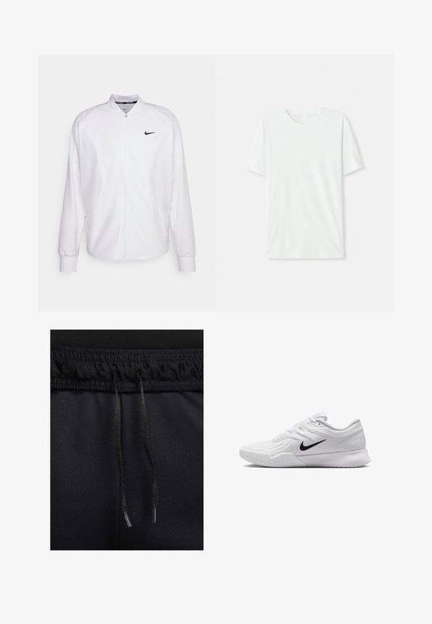 Chaqueta deportiva blanca con cremallera, fabricada con un tejido suave. Presenta un cuello alto, mangas largas y un pequeño logo negro de Nike en el pecho.; Camiseta de manga corta en verde menta claro, hecha de tela suave. Presenta un cuello redondo y un corte recto simple, sin adornos.; Pantalones cortos deportivos negros con una tela texturizada, cintura elástica y cordón. Los detalles incluyen un cordón negro con terminales metálicas.; Zapatilla deportiva blanca con parte superior de malla texturizada, swoosh negro de Nike, cuello acolchado y suela de goma con un patrón de taco.