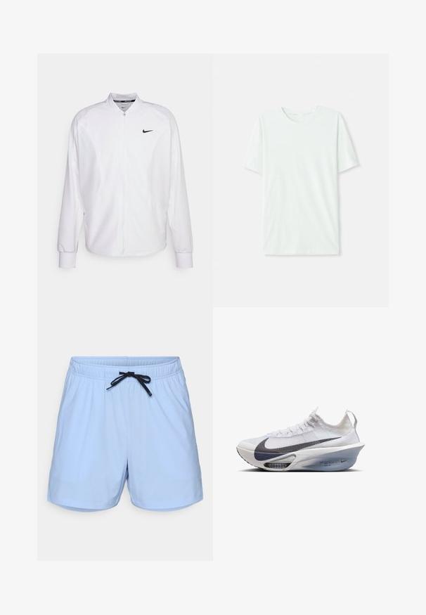 Weißer, kurzer Sportjacke mit glatter Oberfläche. Sie hat einen Stehkragen, lange Ärmel und ein kleines schwarzes Nike-Logo auf der Brust.; Helles mintgrünes T-Shirt mit kurzen Ärmeln aus weichem Stoff. Es hat einen Rundhalsausschnitt und einen schlichten, geraden Schnitt ohne Verzierungen.; Hellblaue Badeshorts aus leichtem Material, mit einem elastischen Bund und schwarzem Kordelzug sowie seitlichen Taschen.; Nike-Laufschuh aus weißem Textil mit grauem Swoosh, aerodynamischer Form, transparenter Zwischensohle und sichtbarer Air-Dämpfung.