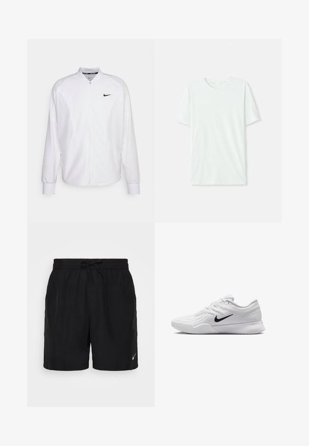 Weißer, kurzer Sportjacke mit glatter Oberfläche. Sie hat einen Stehkragen, lange Ärmel und ein kleines schwarzes Nike-Logo auf der Brust.; Helles mintgrünes T-Shirt mit kurzen Ärmeln aus weichem Stoff. Es hat einen Rundhalsausschnitt und einen schlichten, geraden Schnitt ohne Verzierungen.; Schwarze Sportshorts aus leichtem Material, mit einem elastischen Bund und Kordelzug sowie einem kleinen weißen Nike-Logo unten rechts.; Weißer Sportschuh mit strukturiertem Mesh-Obermaterial, schwarzem Nike-Swoosh, gepolstertem Kragen und Gummisohle mit einem Profilmuster.