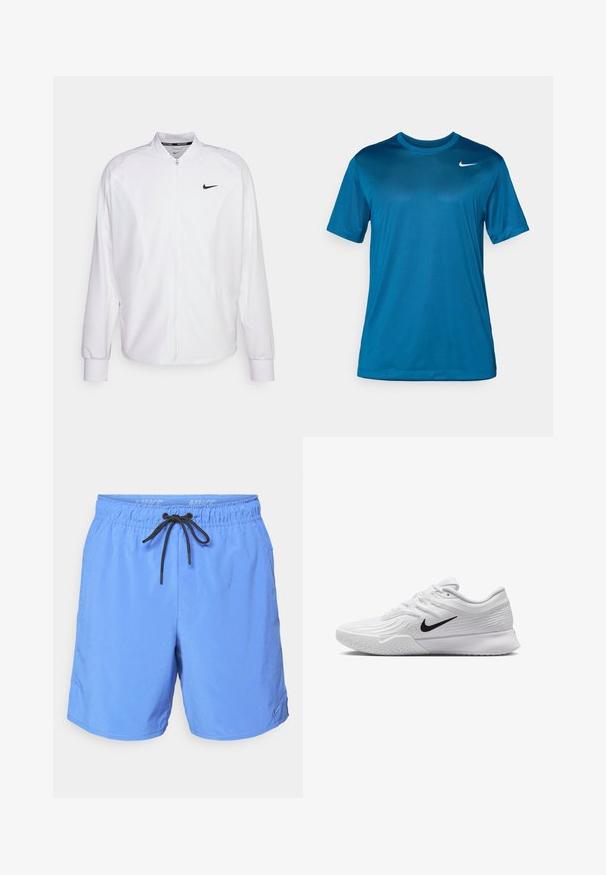 Chaqueta deportiva blanca con cremallera, fabricada con un tejido suave. Presenta un cuello alto, mangas largas y un pequeño logo negro de Nike en el pecho.; Camiseta deportiva de manga corta en azul, fabricada con una tela suave que absorbe la humedad. Presenta un escote redondo y un pequeño logo en el pecho.; Pantalones cortos azules de tela ligera, con cintura elástica y cordón negro, además de bolsillos laterales. Acento de pequeño logotipo.; Zapatilla deportiva blanca con parte superior de malla texturizada, swoosh negro de Nike, cuello acolchado y suela de goma con un patrón de taco.