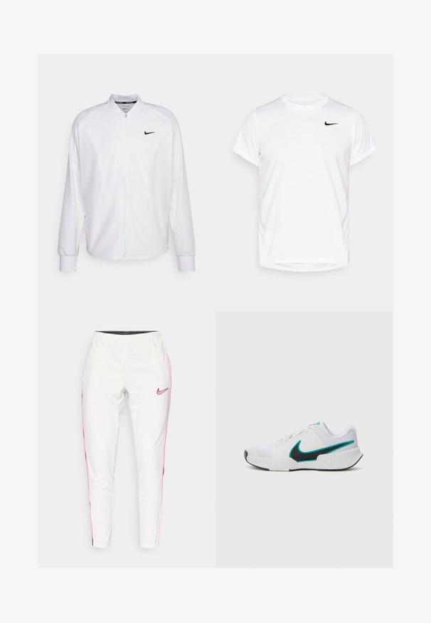 Weißer, kurzer Sportjacke mit glatter Oberfläche. Sie hat einen Stehkragen, lange Ärmel und ein kleines schwarzes Nike-Logo auf der Brust.; Weißes Nike T-Shirt mit kurzen Ärmeln aus glattem Synthetikmaterial, mit einem schwarzen Logo auf der linken Seite der Brust.; Nike weiße Jogginghosen mit pinken Seitenstreifen und Logo. Elastischer Bund, schmal zulaufendes Bein-Design, glatte Textur, geeignet für Sportbekleidung.; Weißer Sportschuh mit strukturiertem Mesh-Obermaterial, schwarzer Gummisohle und türkisfarbenem Nike-Swoosh-Akzent. Verfügt über Schnürsenkel und gepolsterten Kragen.