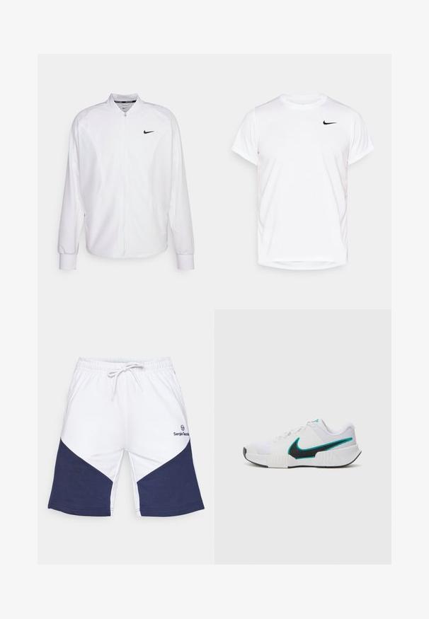 Chaqueta deportiva blanca con cremallera, fabricada con un tejido suave. Presenta un cuello alto, mangas largas y un pequeño logo negro de Nike en el pecho.; Camiseta corta de manga blanca de Nike, hecha de material sintético suave, con un logo negro en el lado izquierdo del pecho.; Pantalones cortos blancos con diseño de chevron azul marino, cinturilla elástica con cordón y logotipo en el lado izquierdo. Material de algodón con textura suave.; Zapatilla deportiva blanca con parte superior de malla texturizada, suela de goma negra y acento del swoosh de Nike en color teal. Cuenta con cordones y un collar acolchado.