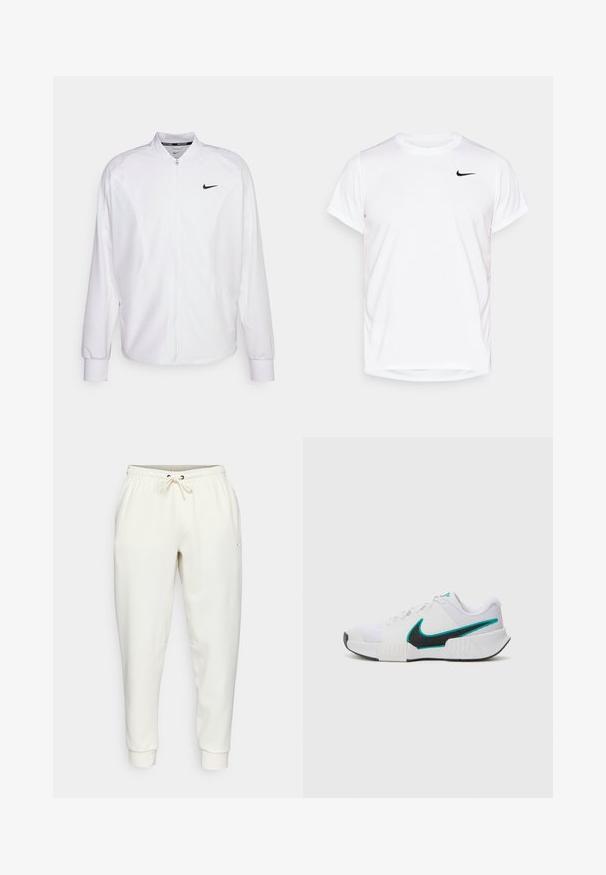 Weißer, kurzer Sportjacke mit glatter Oberfläche. Sie hat einen Stehkragen, lange Ärmel und ein kleines schwarzes Nike-Logo auf der Brust.; Weißes Nike T-Shirt mit kurzen Ärmeln aus glattem Synthetikmaterial, mit einem schwarzen Logo auf der linken Seite der Brust.; Weiße Sweatpants mit einem verstellbaren Bund, schmal zulaufenden Beinen, Seitentaschen und einem kleinen Logo. Hergestellt aus weichem, glattem Stoff.; Weißer Sportschuh mit strukturiertem Mesh-Obermaterial, schwarzer Gummisohle und türkisfarbenem Nike-Swoosh-Akzent. Verfügt über Schnürsenkel und gepolsterten Kragen.