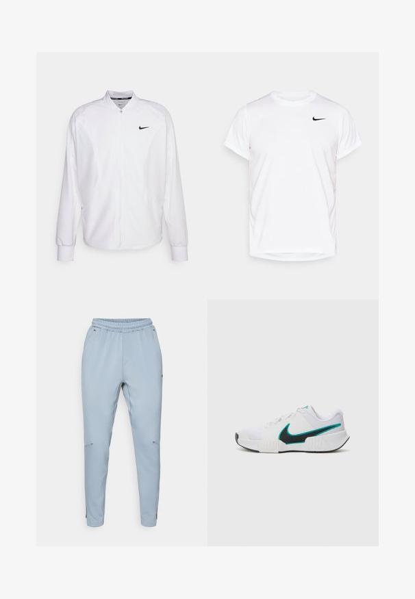 Weißer, kurzer Sportjacke mit glatter Oberfläche. Sie hat einen Stehkragen, lange Ärmel und ein kleines schwarzes Nike-Logo auf der Brust.; Weißes Nike T-Shirt mit kurzen Ärmeln aus glattem Synthetikmaterial, mit einem schwarzen Logo auf der linken Seite der Brust.; Hellblaue Jogginghose mit elastischem Bund, Seitentaschen und schmal zulaufenden Beinen. Hergestellt aus einem weichen, leichten Material.; Weißer Sportschuh mit strukturiertem Mesh-Obermaterial, schwarzer Gummisohle und türkisfarbenem Nike-Swoosh-Akzent. Verfügt über Schnürsenkel und gepolsterten Kragen.