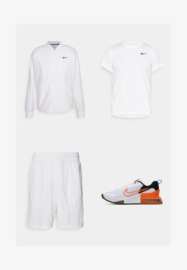 Chaqueta deportiva blanca con cremallera, fabricada con un tejido suave. Presenta un cuello alto, mangas largas y un pequeño logo negro de Nike en el pecho.; Camiseta corta de manga blanca de Nike, hecha de material sintético suave, con un logo negro en el lado izquierdo del pecho.; Pantalones cortos deportivos blancos hechos de un tejido de malla texturizada y transpirable. Cuenta con una cintura elástica y acentos de diseño en capas.; Zapatilla deportiva blanca con parte superior de malla texturizada, acentos en negro y naranja, suela de goma gruesa y una sección de cojín de aire transparente en el talón.