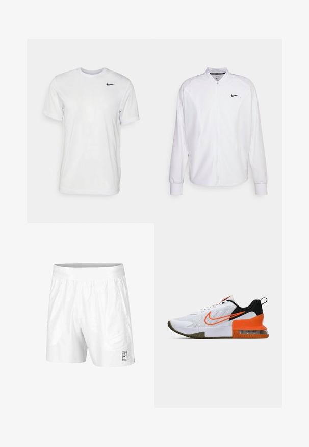 Witte zip-up sportjack gemaakt van gladde stof. Beschikt over een opstaande kraag, lange mouwen en een klein zwart Nike-logo op de borst.; Witte korte mouwen t-shirt gemaakt van gladde stof. Voorzien van een ronde hals en een klein zwart Nike-logo op de linkerborst.; Witte sportshorts gemaakt van lichtgewicht stof met een elastische tailleband, voorzien van twee zijzakken en een klein zwart logo op de zoom.; Witte sportieve schoen met een gestructureerde mesh bovenkant, zwarte en oranje accenten, een dikke rubberen zool en een doorzichtige luchtkussensectie bij de hak.