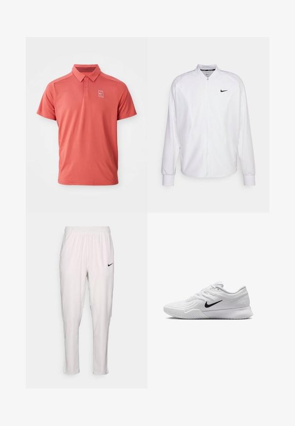 Chaqueta deportiva blanca con cremallera, fabricada con un tejido suave. Presenta un cuello alto, mangas largas y un pequeño logo negro de Nike en el pecho.; Polo de manga corta en color coral con cuello, tapeta de botones y un pequeño logotipo blanco en el pecho. Fabricado en tejido transpirable y texturizado.; Pantalones atléticos blancos con cinturilla elástica. Presentan un ajuste slim, textura suave y un pequeño logo negro de Nike en la parte frontal.; Zapatilla deportiva blanca con parte superior de malla texturizada, swoosh negro de Nike, cuello acolchado y suela de goma con un patrón de taco.