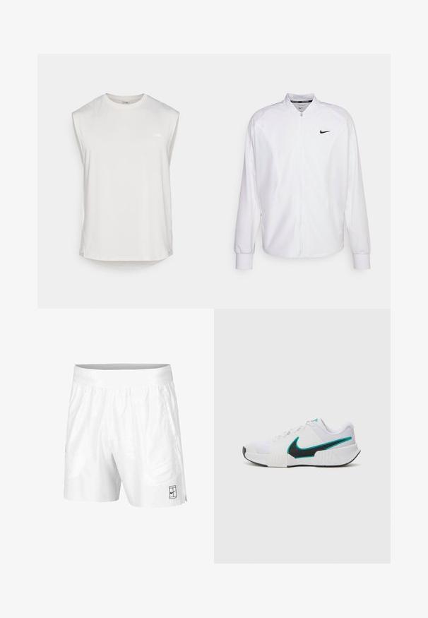 Weißer, kurzer Sportjacke mit glatter Oberfläche. Sie hat einen Stehkragen, lange Ärmel und ein kleines schwarzes Nike-Logo auf der Brust.; Ärmelloses weißes Sporttanktop mit Rundhalsausschnitt, leichtem Stoff, subtiler Textur und kleinem Logo auf der linken Brustseite.; Weiße Sportshorts aus leichtem Gewebe mit einem elastischen Bund, ausgestattet mit zwei Seitentaschen und einem kleinen schwarzen Logo am Saum.; Weißer Sportschuh mit strukturiertem Mesh-Obermaterial, schwarzer Gummisohle und türkisfarbenem Nike-Swoosh-Akzent. Verfügt über Schnürsenkel und gepolsterten Kragen.
