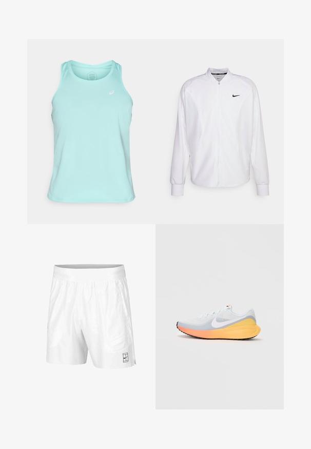 Giacca atletica bianca con zip realizzata in tessuto liscio. Presenta un colletto alto, maniche lunghe e un piccolo logo Nike nero sul petto.; Top atletico di colore turchese chiaro, realizzato in un tessuto morbido e traspirante. Presenta un collo a U e un logo sulla parte sinistra del petto.; Pantaloni sportivi bianchi realizzati in tessuto leggero con vita elastica, dotati di due tasche laterali e un piccolo logo nero sull'orlo.; Scarpa da corsa azzurro chiaro con tomaia in mesh traspirante. Presenta uno swoosh bianco, una suola intermedia arancione e gialla, e una suola nera per una maggiore aderenza.