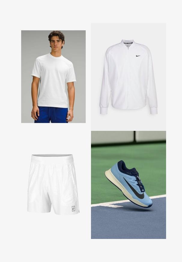 Chaqueta deportiva blanca con cremallera, fabricada con un tejido suave. Presenta un cuello alto, mangas largas y un pequeño logo negro de Nike en el pecho.; Camiseta blanca de manga corta con cuello redondo, textura suave y sin patrones o logotipos visibles, combinada con pantalones deportivos azules.; Pantalones cortos deportivos blancos hechos de una tela ligera con una cinturilla elástica, que cuentan con dos bolsillos laterales y un pequeño logo negro en el dobladillo.; Zapatilla deportiva azul claro con acentos en azul marino, parte superior de malla texturada y logo Swoosh negro. Cuenta con una entresuela acolchada y suela de goma.