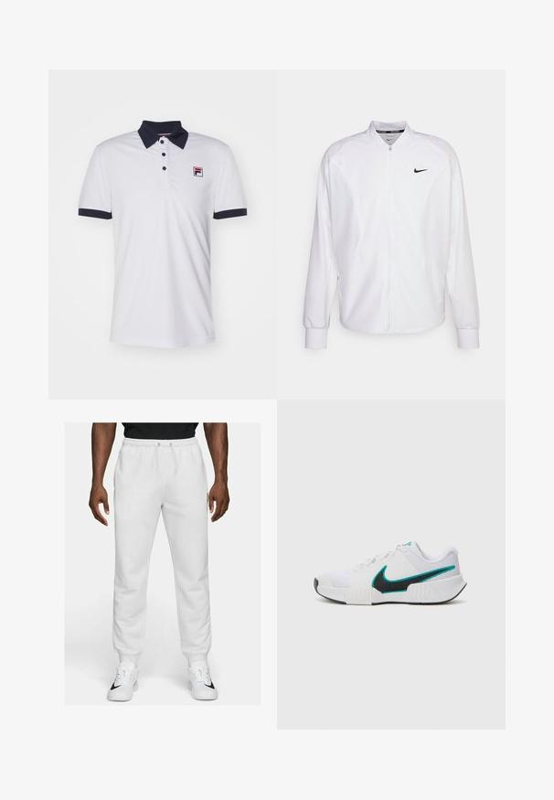 Hvid zip-up atletisk jakke lavet af glat stof. Har en stående krave, lange ærmer og et lille sort Nike-logo på brystet.; Fila MARC - Poloshirts - white; Hvide sweatpants med snoretræk i taljen, tætsiddende pasform og ribbede manchetter, parret med hvide træningssko med sorte accenter.; Hvid sportsko med tekstureret mesh-overdel, sort gummisål og teal Nike swoosh-accent. Har snørebånd og polstret krave.