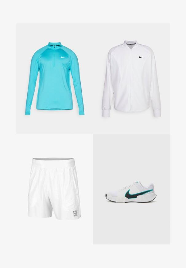 Giacca atletica bianca con zip realizzata in tessuto liscio. Presenta un colletto alto, maniche lunghe e un piccolo logo Nike nero sul petto.; Maglia sportiva a maniche lunghe Nike di un brillante colore turchese, con zip a un quarto e logo swoosh bianco sul petto, esposta su uno sfondo semplice.; Pantaloni sportivi bianchi realizzati in tessuto leggero con vita elastica, dotati di due tasche laterali e un piccolo logo nero sull'orlo.; Scarpa da ginnastica bianca con tomaia in rete testurizzata, suola in gomma nera e accento teal del logo Nike. Presenta lacci e colletto imbottito.