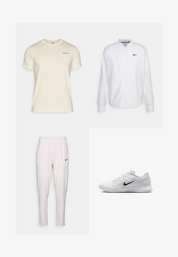 Weißer, kurzer Sportjacke mit glatter Oberfläche. Sie hat einen Stehkragen, lange Ärmel und ein kleines schwarzes Nike-Logo auf der Brust.; Kurze Ärmel Creme T-Shirt aus weichem Stoff, mit Rundhalsausschnitt und einem kleinen, auf der linken Brust gestickten "BORG"-Logo.; Weiße Sporthose mit elastischem Bund. Sie hat eine schmale Passform, eine glatte Textur und ein kleines schwarzes Nike-Logo auf der Vorderseite.; Weißer Sportschuh mit strukturiertem Mesh-Obermaterial, schwarzem Nike-Swoosh, gepolstertem Kragen und Gummisohle mit einem Profilmuster.