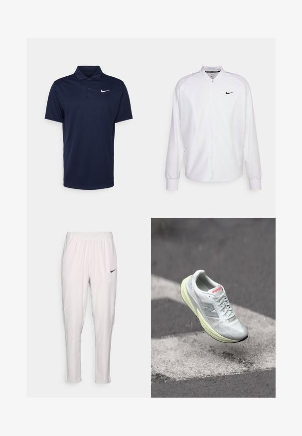 Veste de sport blanche zippée en tissu lisse. Caractéristiques : col montant, manches longues et petit logo Nike noir sur la poitrine.; Polo bleu marine en tissu lisse, doté d'une patte de boutonnage à trois boutons, de manches courtes et d'un petit logo Nike blanc sur la poitrine.; Pantalon de sport blanc avec une taille élastique. Présente une coupe slim, une texture lisse et un petit logo Nike noir à l'avant.; Chaussure de course légère avec une tige en mesh blanche, une semelle intermédiaire jaune et des accents gris. Présente un logo 'N' proéminent et une surface texturée.
