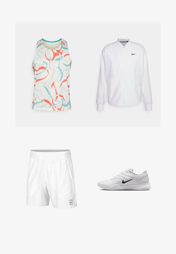 Valkoinen vetoketjullinen urheilutakki, joka on valmistettu sileästä kankaasta. Takissa on pystykotelo, pitkät hihat ja pieni musta Nike-logo rinnassa.; Hihaton urheilupaita vaaleassa kermassa, jossa on abstrakteja sinisiä ja korallin värisiä pyörteitä. Valmistettu hengittävästä kankaasta, jossa on pyöreä kaula-aukko.; Valkoiset urheilushortsit, jotka on valmistettu kevyestä kankaasta, joustovyötäröllä. Siinä on kaksi sivutaskua ja pieni musta logo helman kohdalla.; Valkoinen urheiluvaate, jossa on teksturoidusta verkkomateriaalista valmistettu yläosa, musta Nike-logomerkintä, pehmustettu nilkkakappale ja kumipohja, jossa on urasyntymä.