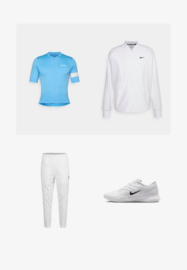 Veste de sport blanche zippée en tissu lisse. Caractéristiques : col montant, manches longues et petit logo Nike noir sur la poitrine.; Maillot de cyclisme à manches courtes bleu avec une fermeture éclair à l'avant, fabriqué en tissu lisse et extensible. Comprend une bande d'accent blanche sur la manche et le logo "Rapha".; Pantalons de sport blancs avec une taille élastique, des jambes fuselées et un petit logo sur le côté. Tissu lisse et léger.; Baskets blanches avec tige en maille texturée, swoosh noir de Nike, col rembourré et semelle en caoutchouc avec un motif de crampons.