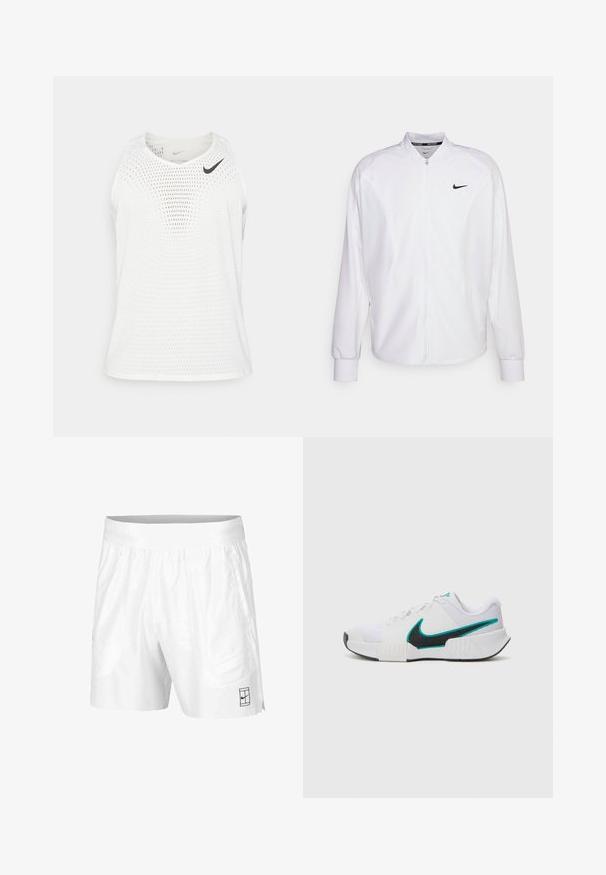 Witte zip-up sportjack gemaakt van gladde stof. Beschikt over een opstaande kraag, lange mouwen en een klein zwart Nike-logo op de borst.; Witte mouwloze sportshirt gemaakt van ademend mesh materiaal, met een ronde halslijn en een klein zwart Nike-logo op de linkerkant van de borst.; Witte sportshorts gemaakt van lichtgewicht stof met een elastische tailleband, voorzien van twee zijzakken en een klein zwart logo op de zoom.; Witte sportieve schoen met een textuur mesh bovenwerk, zwarte rubberen zool en teal Nike swooshaccent. Voorzien van veters en een gewatteerde kraag.