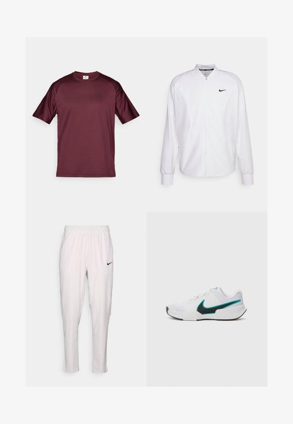Veste de sport blanche zippée en tissu lisse. Caractéristiques : col montant, manches longues et petit logo Nike noir sur la poitrine.; T-shirt de sport bourgogne avec des manches courtes, un col rond et un petit logo noir sur la poitrine. Fabriqué en matériau lisse et léger.; Pantalon de sport blanc avec une taille élastique. Présente une coupe slim, une texture lisse et un petit logo Nike noir à l'avant.; Chaussure de sport blanche avec une tige en mesh texturé, semelle en caoutchouc noire et accent en teal sur le logo Nike. Équipée de lacets et d'un col rembourré.