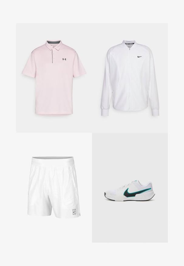 Veste de sport blanche zippée en tissu lisse. Caractéristiques : col montant, manches longues et petit logo Nike noir sur la poitrine.; T-shirt polo rose en tissu texturé, avec un col, deux boutons et une accent gris foncé au col ainsi qu'un logo noir sur la poitrine.; Shorts de sport blancs en tissu léger avec une taille élastique, dotés de deux poches latérales et d'un petit logo noir au bas.; Chaussure de sport blanche avec une tige en mesh texturé, semelle en caoutchouc noire et accent en teal sur le logo Nike. Équipée de lacets et d'un col rembourré.