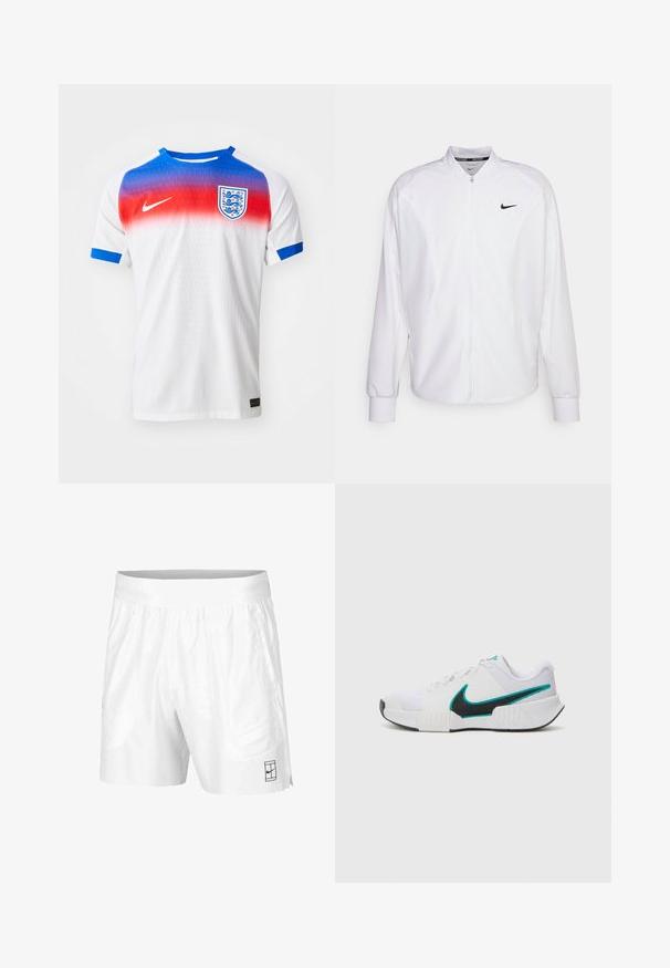 White zip-up athletic jacket made of smooth fabric. Features a stand collar, long sleeves, and a small black Nike logo on the chest.; White short-sleeve football jersey featuring a gradient red to blue collar, blue sleeve accents, and an England crest on the chest.; White athletic shorts made of lightweight fabric with an elastic waistband, featuring two side pockets and a small black logo on the hem.; White athletic shoe with textured mesh upper, black rubber sole, and teal Nike swoosh accent. Features laces and padded collar.