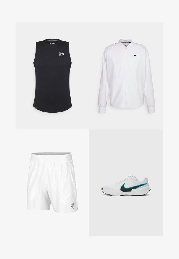 Giacca atletica bianca con zip realizzata in tessuto liscio. Presenta un colletto alto, maniche lunghe e un piccolo logo Nike nero sul petto.; Top atletico senza maniche di colore nero, realizzato in un tessuto liscio e elastico. Presenta un collo rotondo e un piccolo logo bianco sul petto.; Pantaloni sportivi bianchi realizzati in tessuto leggero con vita elastica, dotati di due tasche laterali e un piccolo logo nero sull'orlo.; Scarpa da ginnastica bianca con tomaia in rete testurizzata, suola in gomma nera e accento teal del logo Nike. Presenta lacci e colletto imbottito.