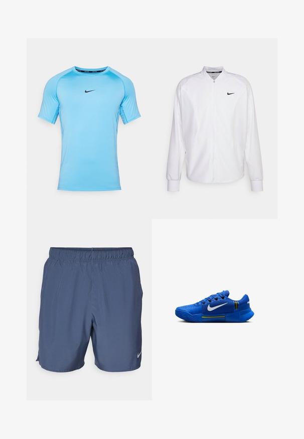 Chaqueta deportiva blanca con cremallera, fabricada con un tejido suave. Presenta un cuello alto, mangas largas y un pequeño logo negro de Nike en el pecho.; Camiseta atlética de manga corta de color azul claro, fabricada con un tejido transpirable, que presenta un logotipo negro de Nike en el pecho y un diseño de cuello redondo.; Los pantalones cortos Nike grises cuentan con una cinturilla elástica, material ligero y aberturas laterales para mayor movilidad, con un pequeño logo en la parte inferior de la pierna derecha.; Zapatillas deportivas azules que presentan un upper de malla texturizada, una suela de goma con un patrón en zigzag y un logo de Nike en blanco en el lateral.
