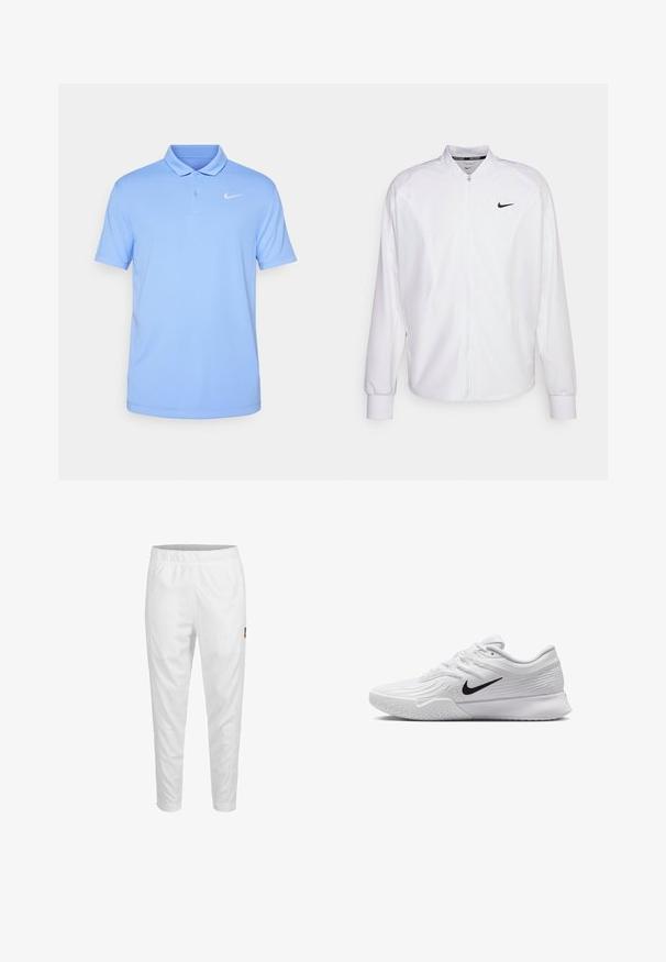 Weißer, kurzer Sportjacke mit glatter Oberfläche. Sie hat einen Stehkragen, lange Ärmel und ein kleines schwarzes Nike-Logo auf der Brust.; Nike Performance NIKECOURT SOLID - Poloshirt - royal pulse/white; Weiße Sporthose mit elastischem Bund, schmal zulaufenden Beinen und einem kleinen Logo-Detail an der Seite. Glattes und leichtes Material.; Weißer Sportschuh mit strukturiertem Mesh-Obermaterial, schwarzem Nike-Swoosh, gepolstertem Kragen und Gummisohle mit einem Profilmuster.
