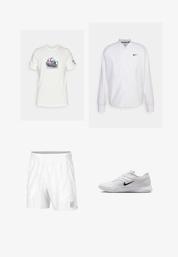 Giacca atletica bianca con zip realizzata in tessuto liscio. Presenta un colletto alto, maniche lunghe e un piccolo logo Nike nero sul petto.; T-shirt bianco in cotone con stampa grafica di un veicolo futuristico dal design circolare, presentato su uno sfondo geometrico blu chiaro.; Pantaloni sportivi bianchi realizzati in tessuto leggero con vita elastica, dotati di due tasche laterali e un piccolo logo nero sull'orlo.; Scarpa da ginnastica bianca con tomaia in mesh testurizzato, logo Nike nero, collo imbottito e suola in gomma con un motivo di battistrada.