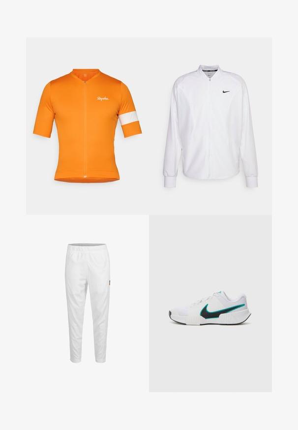 Veste de sport blanche zippée en tissu lisse. Caractéristiques : col montant, manches longues et petit logo Nike noir sur la poitrine.; Maillot de cyclisme à manches courtes en tissu orange vif avec fermeture éclair à l'avant, présentant une bande blanche sur la manche gauche et un logo discret.; Pantalons de sport blancs avec une taille élastique, des jambes fuselées et un petit logo sur le côté. Tissu lisse et léger.; Chaussure de sport blanche avec une tige en mesh texturé, semelle en caoutchouc noire et accent en teal sur le logo Nike. Équipée de lacets et d'un col rembourré.
