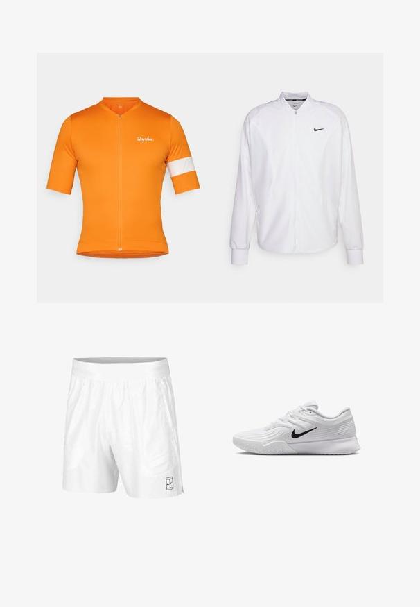 Witte zip-up sportjack gemaakt van gladde stof. Beschikt over een opstaande kraag, lange mouwen en een klein zwart Nike-logo op de borst.; Korte mouwen fietsshirt van feloranje stof met een rits aan de voorkant, voorzien van een witte streep op de linker mouw en subtiele logodetails.; Witte sportshorts gemaakt van lichtgewicht stof met een elastische tailleband, voorzien van twee zijzakken en een klein zwart logo op de zoom.; Witte sportieve schoen met textuur in het mesh bovenwerk, zwarte Nike swoosh, gevoerde kraag en rubberen zool met een profielpatroon.