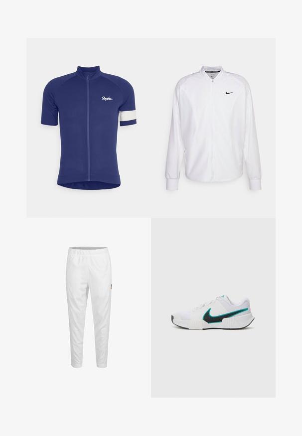 Chaqueta deportiva blanca con cremallera, fabricada con un tejido suave. Presenta un cuello alto, mangas largas y un pequeño logo negro de Nike en el pecho.; Rapha MENS CORE LIGHTWEIGHT - Maillot de ciclismo - medieval blue/white alyssum; Pantalones atléticos blancos con cintura elástica, piernas ajustadas y un pequeño detalle de logo en el costado. Tejido suave y ligero.; Zapatilla deportiva blanca con parte superior de malla texturizada, suela de goma negra y acento del swoosh de Nike en color teal. Cuenta con cordones y un collar acolchado.
