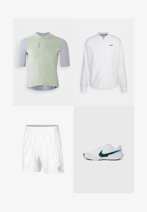 Weißer, kurzer Sportjacke mit glatter Oberfläche. Sie hat einen Stehkragen, lange Ärmel und ein kleines schwarzes Nike-Logo auf der Brust.; Radtrikot mit kurzen Ärmeln in mintgrünem Oberteil und helllila Ärmeln. Verfügt über einen Reißverschluss auf der Vorderseite und ein dezentes Logodetail auf der Vorderseite.; Weiße Sportshorts aus leichtem Gewebe mit einem elastischen Bund, ausgestattet mit zwei Seitentaschen und einem kleinen schwarzen Logo am Saum.; Weißer Sportschuh mit strukturiertem Mesh-Obermaterial, schwarzer Gummisohle und türkisfarbenem Nike-Swoosh-Akzent. Verfügt über Schnürsenkel und gepolsterten Kragen.