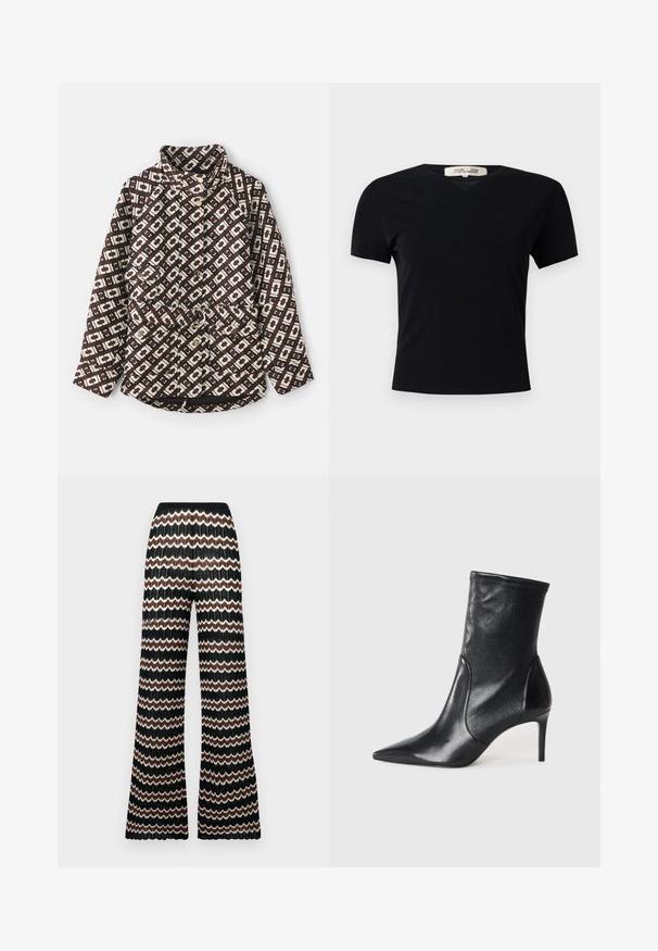Patterned jacket in brown and cream featuring a geometric design, high collar, pearl-like buttons, and a belted waist with a metal ring.; Black short-sleeve t-shirt with a V-neck design, made of a smooth, stretchy fabric. Features a simple, classic silhouette without embellishments.; Knit flared pants with a zigzag pattern in black, white, and brown. Features a textured finish and an elastic waistband.; Black ankle boots made of smooth leather, featuring a pointed toe, fitted shaft, and a slim high heel. Minimalist design with no visible hardware.